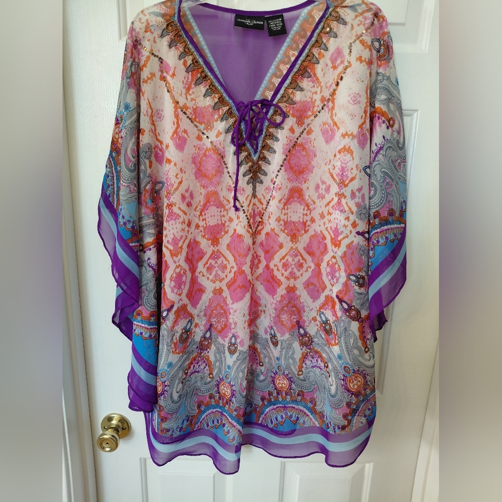 Women's Lace-Up Boho Tunic in Purple & Pink